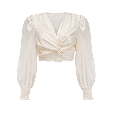 Nouria White Satin Cropped Blouse With Twist Front and Smocked Hem
