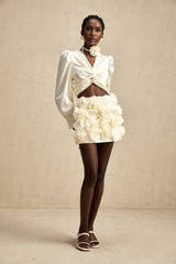 Nouria White Satin Cropped Blouse With Twist Front and Smocked Hem