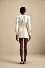 Nouria White Satin Cropped Blouse With Twist Front and Smocked Hem