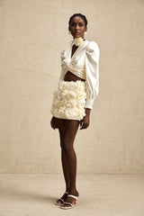 Nouria White Satin Cropped Blouse With Twist Front and Smocked Hem