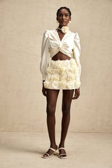 Nouria White Satin Cropped Blouse With Twist Front and Smocked Hem