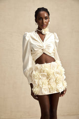 Nouria White Satin Cropped Blouse With Twist Front and Smocked Hem