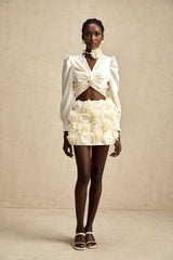 Nouria White Satin Cropped Blouse With Twist Front and Smocked Hem