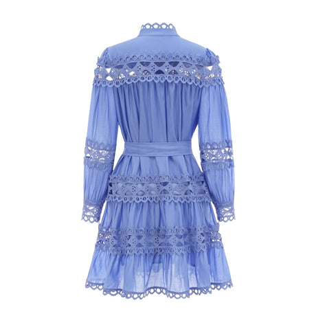 Nova Blue Cut - Out Lace Mini Dress With Waistbelt and Button Front