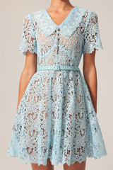 Nunzia Blue Lace Floral Dress Vintage Collar Short Sleeve Mini Fit Flare Summer Garden Party Outfit