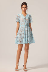 Nunzia Blue Lace Floral Mini Dress Vintage Collar Short Sleeve Summer Garden Party Fit Flare