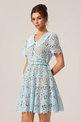Nunzia Blue Lace Floral Mini Dress Vintage Collar Short Sleeve Summer Garden Party Fit Flare