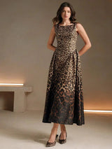 Nunzia Midi Dress - Round Neck - High Waist - A Line - Leopard Print - Elegant