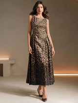 Nunzia Midi Dress - Round Neck - High Waist - A Line - Leopard Print - Elegant