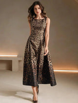 Nunzia Midi Dress - Round Neck - High Waist - A Line - Leopard Print - Elegant