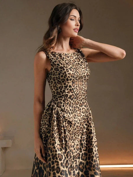 Nunzia Midi Dress - Round Neck - High Waist - A Line - Leopard Print - Elegant