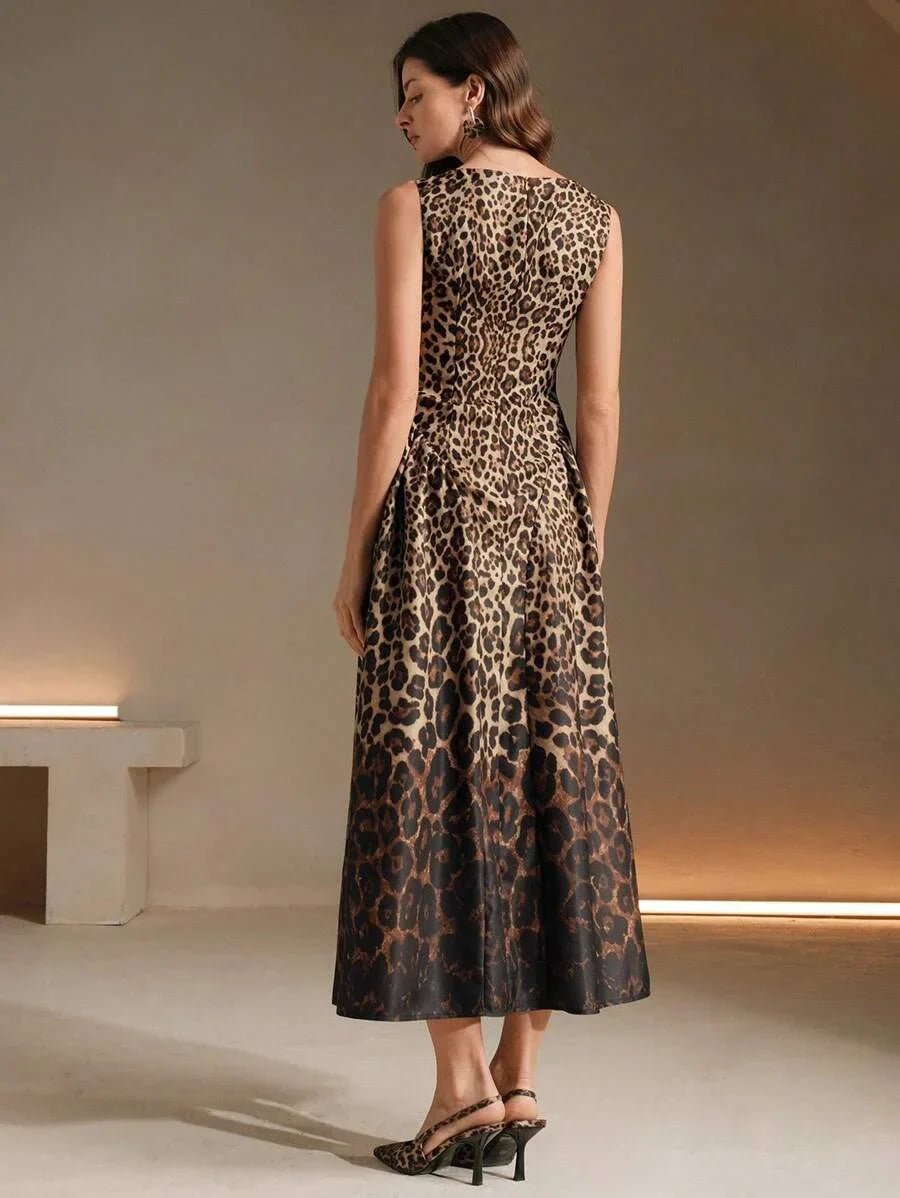 Nunzia Midi Dress - Round Neck - High Waist - A Line - Leopard Print - Elegant