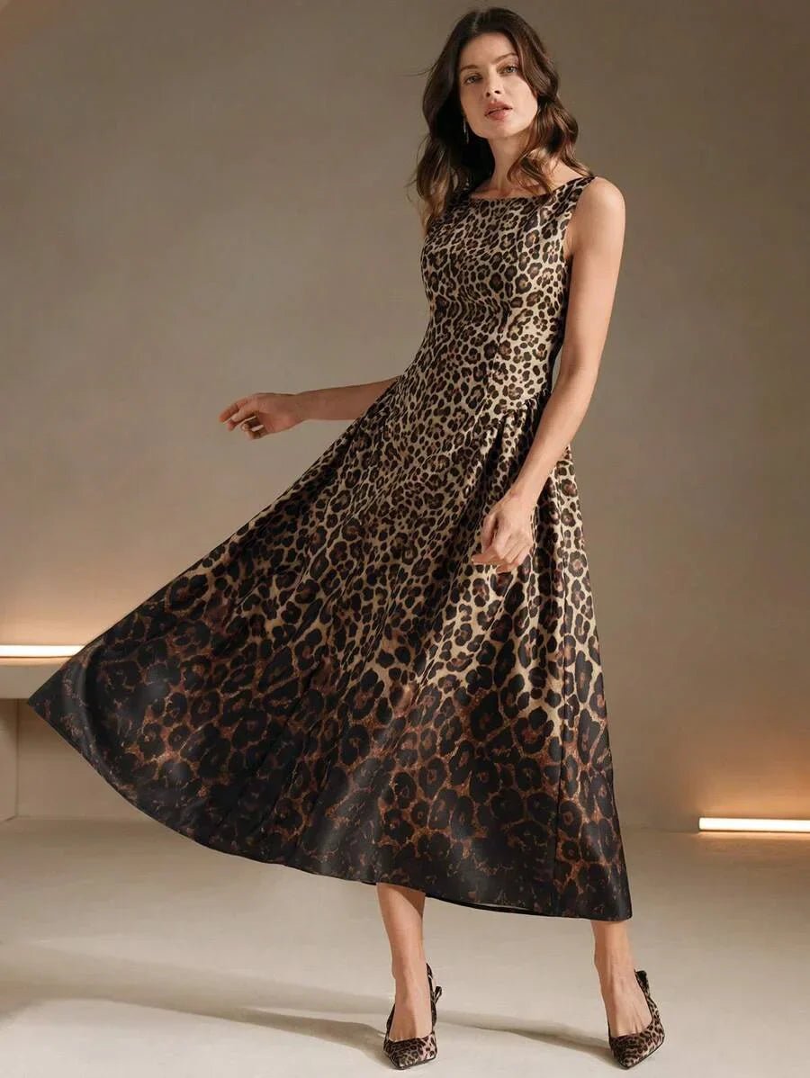 Nunzia Midi Dress - Round Neck - High Waist - A Line - Leopard Print - Elegant