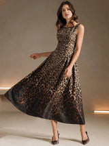 Nunzia Midi Dress - Round Neck - High Waist - A Line - Leopard Print - Elegant