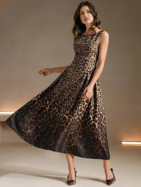 Nunzia Midi Dress - Round Neck - High Waist - A Line - Leopard Print - Elegant