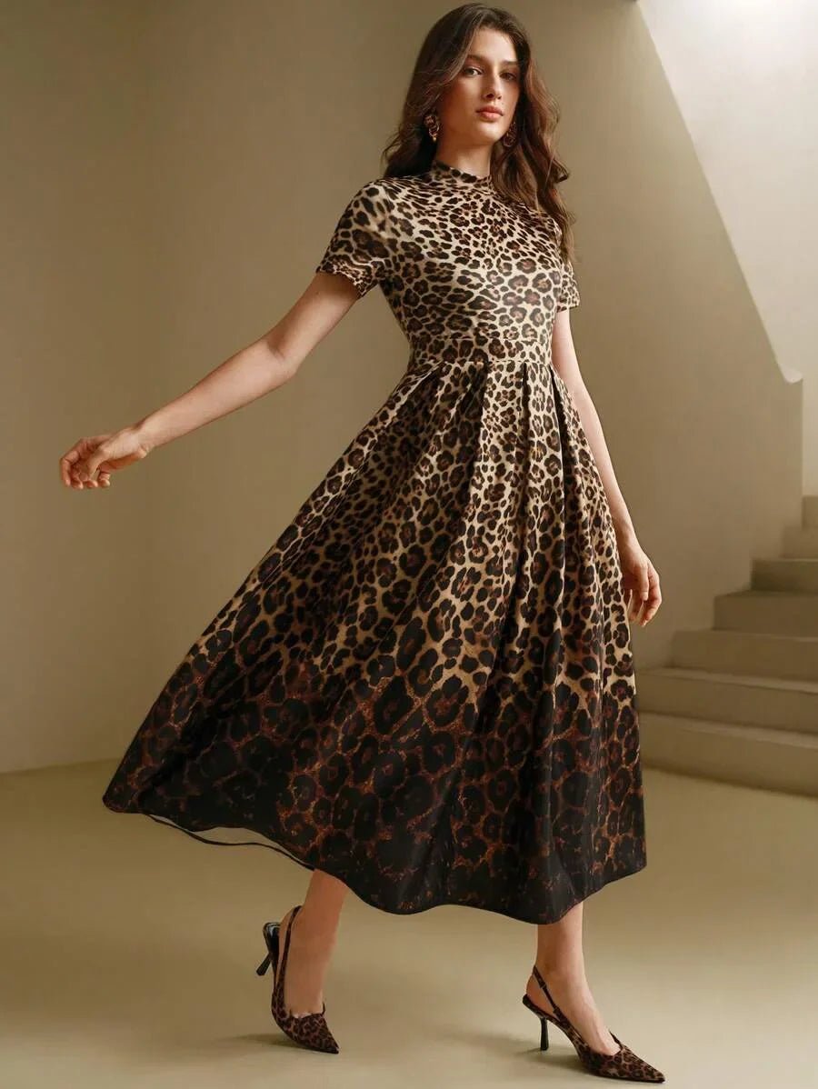 Nunzia Midi Dress - Round Neck - High Waist - A Line - Leopard Print - Elegant