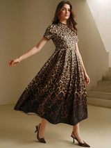 Nunzia Midi Dress - Round Neck - High Waist - A Line - Leopard Print - Elegant