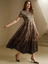 Nunzia Midi Dress - Round Neck - High Waist - A Line - Leopard Print - Elegant