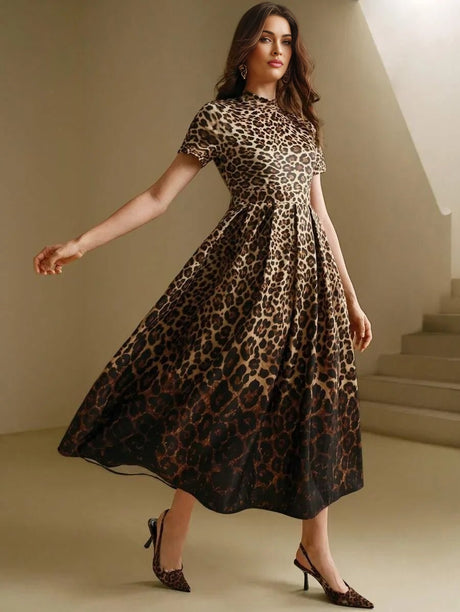 Nunzia Midi Dress - Round Neck - High Waist - A Line - Leopard Print - Elegant