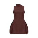 Nunzia Mini Dress Brown Asymmetric Neck Puff Cinched Waist