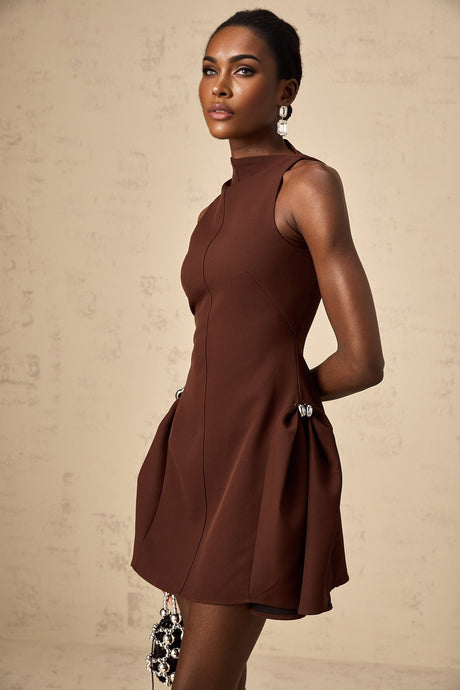 Nunzia Mini Dress Brown Asymmetric Neck Puff Cinched Waist