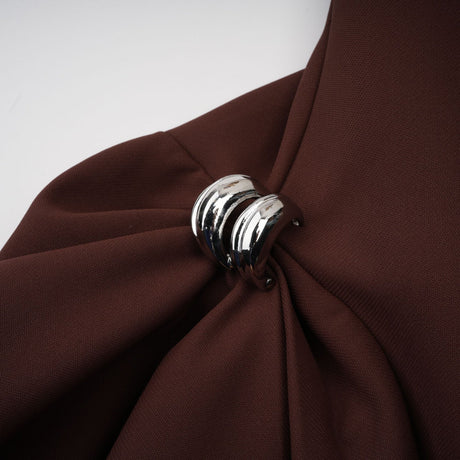 Nunzia Mini Dress Brown Asymmetric Neck Puff Cinched Waist