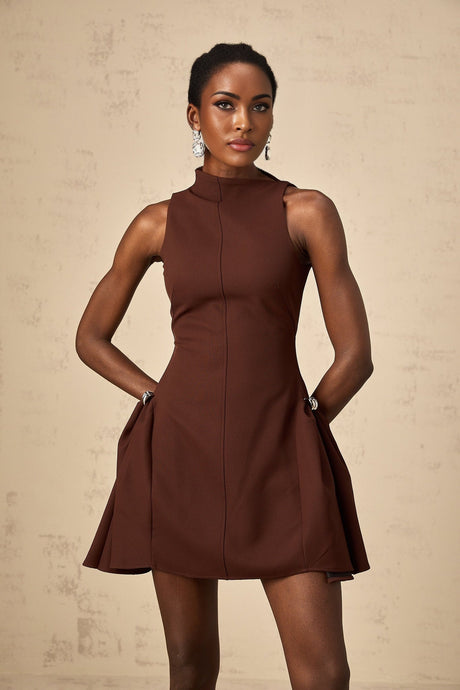 Nunzia Mini Dress Brown Asymmetric Neck Puff Cinched Waist