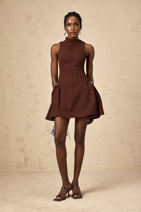 Nunzia Mini Dress Brown Asymmetric Neck Puff Cinched Waist