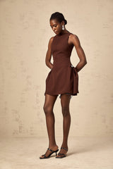 Nunzia Mini Dress Brown Asymmetric Neck Puff Cinched Waist