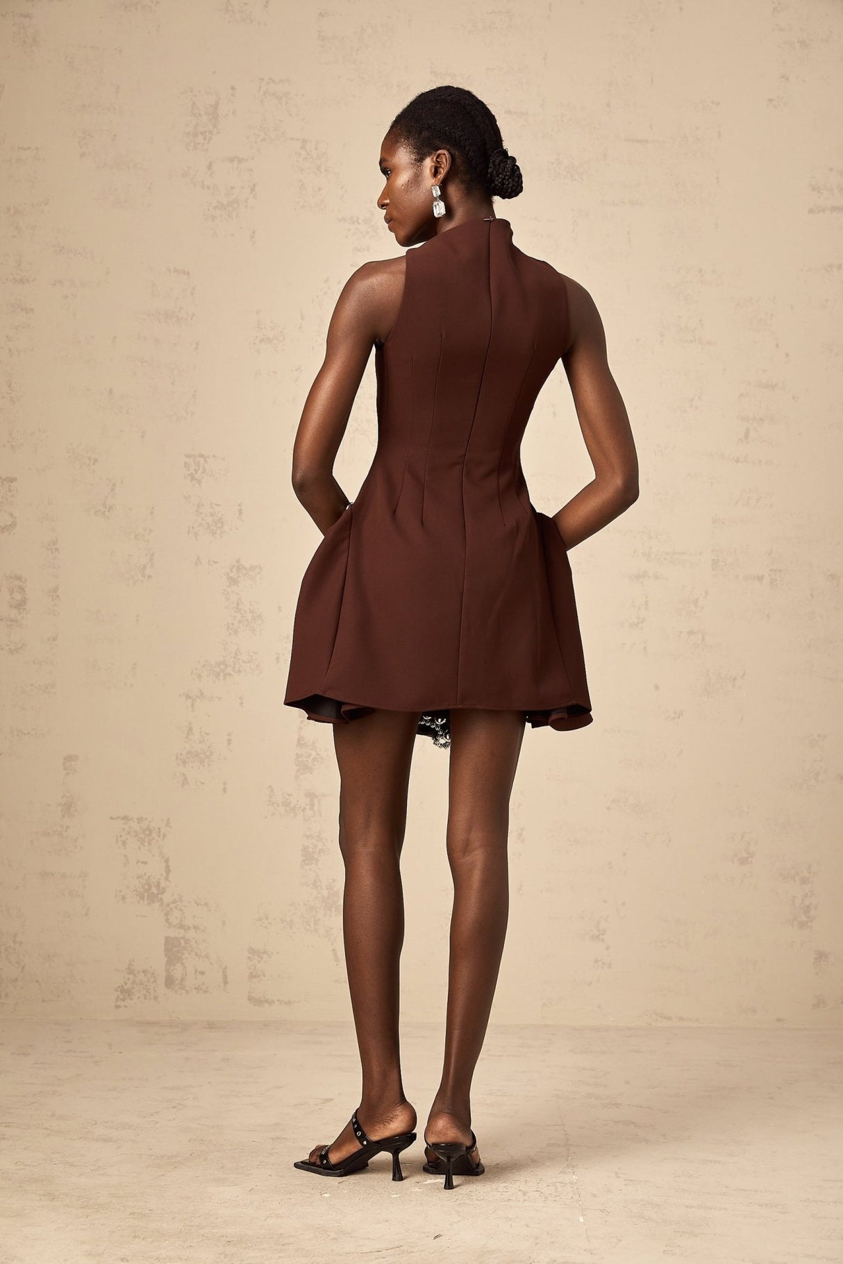 Nunzia Mini Dress Brown Asymmetric Neck Puff Cinched Waist