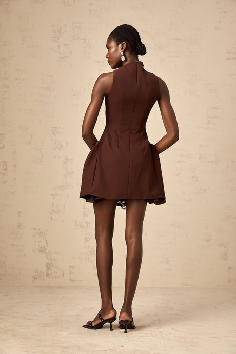 Nunzia Mini Dress Brown Asymmetric Neck Puff Cinched Waist