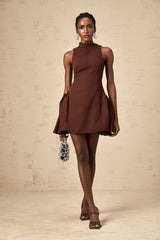 Nunzia Mini Dress Brown Asymmetric Neck Puff Cinched Waist