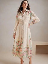 Oakley Midi Dress - Shirt Collar - Bishop Sleeve - High Waist - Floral Pattern - Elegant Style