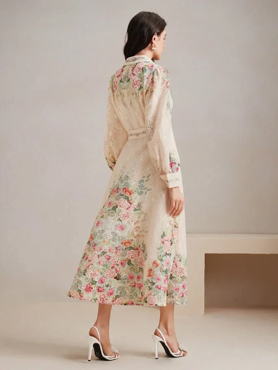 Oakley Midi Dress - Shirt Collar - Bishop Sleeve - High Waist - Floral Pattern - Elegant Style