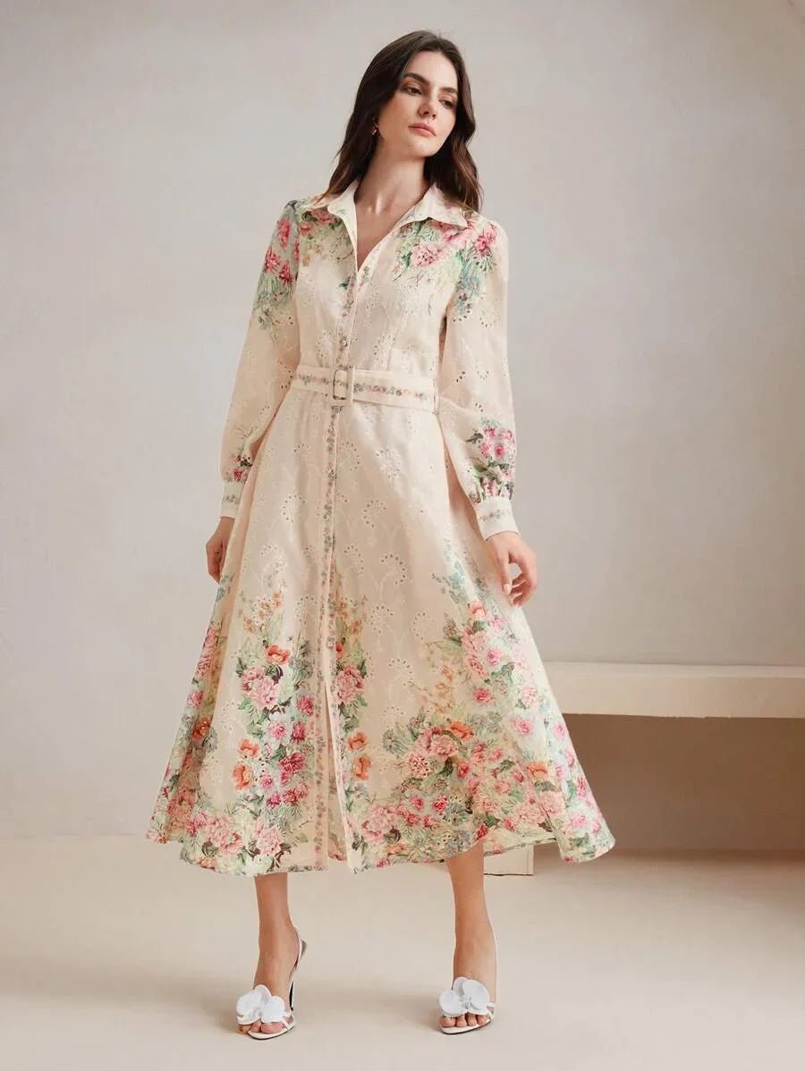 Oakley Midi Dress - Shirt Collar - Bishop Sleeve - High Waist - Floral Pattern - Elegant Style