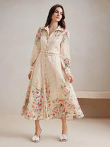 Oakley Midi Dress - Shirt Collar - Bishop Sleeve - High Waist - Floral Pattern - Elegant Style