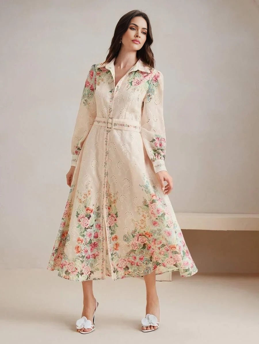 Oakley Midi Dress - Shirt Collar - Bishop Sleeve - High Waist - Floral Pattern - Elegant Style