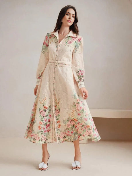 Oakley Midi Dress - Shirt Collar - Bishop Sleeve - High Waist - Floral Pattern - Elegant Style
