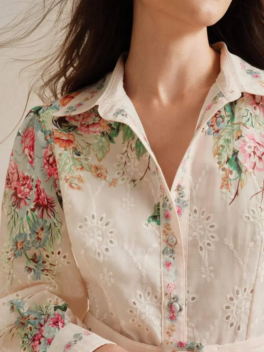 Oakley Midi Dress - Shirt Collar - Bishop Sleeve - High Waist - Floral Pattern - Elegant Style