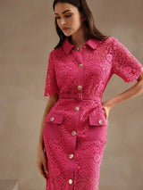 Oakley Midi Dress - Shirt Collar - Elegant Style - High Waist - Pocket Details - Slim Fit