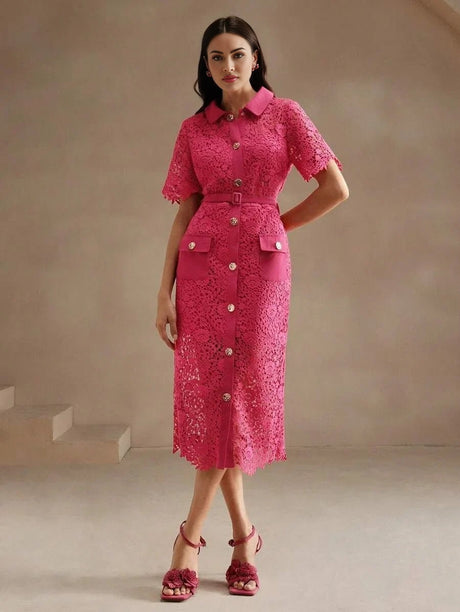 Oakley Midi Dress - Shirt Collar - Elegant Style - High Waist - Pocket Details - Slim Fit