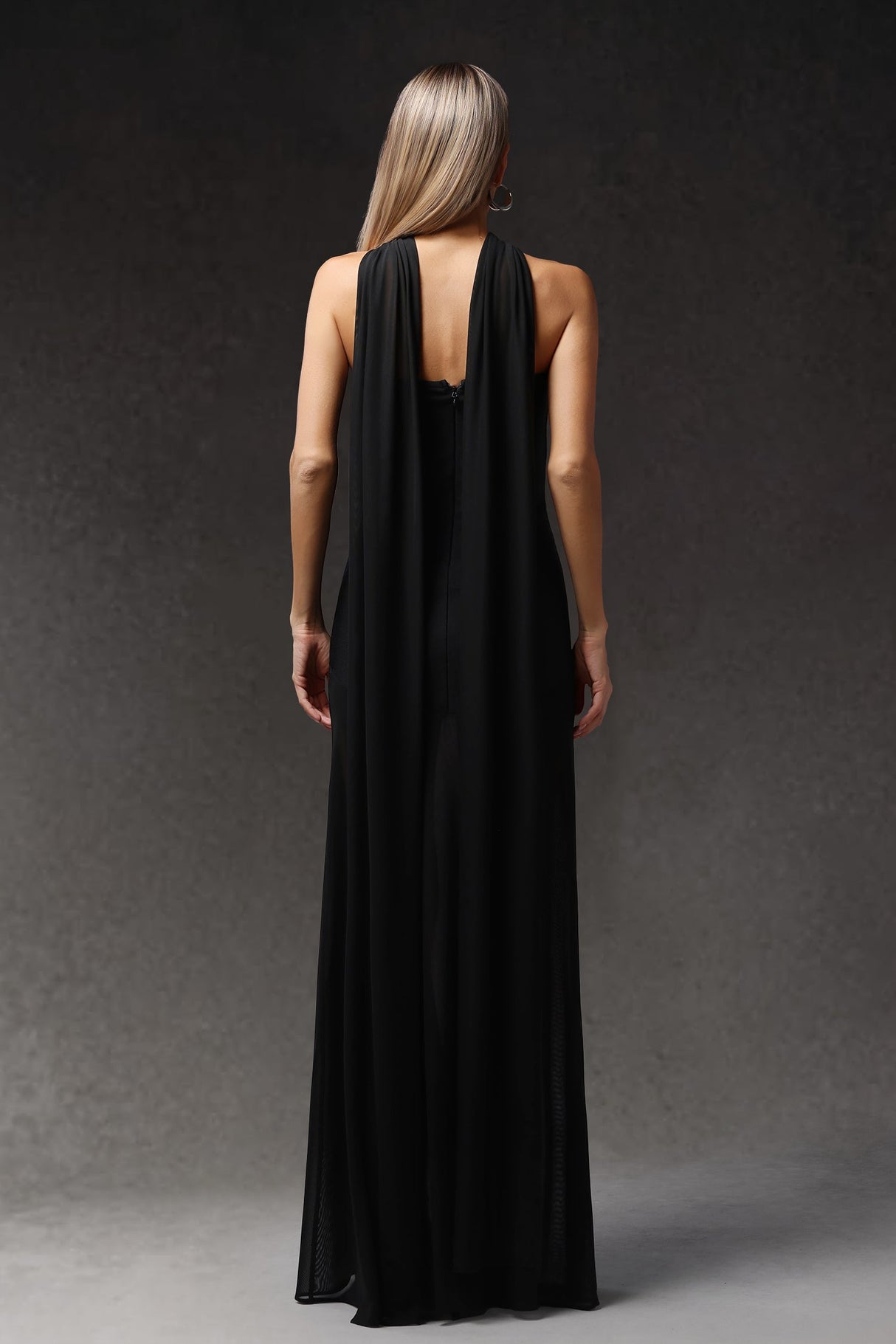 Octavia Black Asymmetrical Neckline Tulle Maxi Dress Elegant Formal Evening Wear