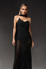 Octavia Black Asymmetrical Neckline Maxi Dress with Tulle Layers and Sheer Detailing