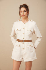 Octavia Bodysuit Long Sleeve Buttoned Cuffs Round Neck Gold Buttons