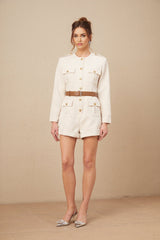 Octavia Bodysuit Long Sleeve Buttoned Cuffs Round Neck Gold Buttons