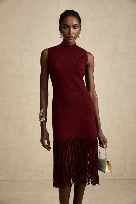 Octavia Midi Dress Vibrant Red Fringe Detail Crew Neck