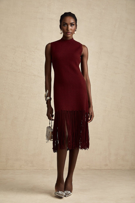 Octavia Midi Dress Vibrant Red Fringe Detail Crew Neck
