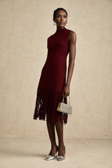 Octavia Midi Dress Vibrant Red Fringe Detail Crew Neck