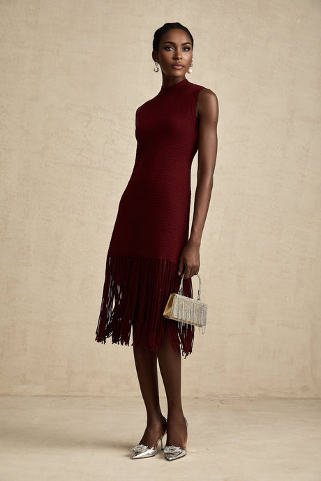 Octavia Midi Dress Vibrant Red Fringe Detail Crew Neck