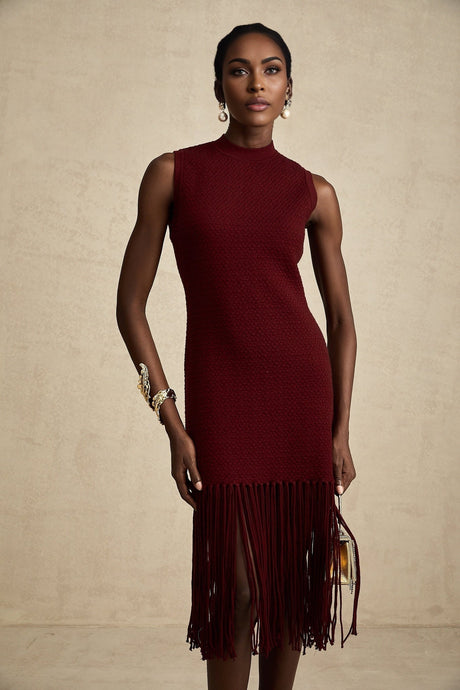 Octavia Midi Dress Vibrant Red Fringe Detail Crew Neck